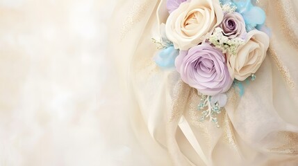 Obraz premium An elegant arrangement of roses in pastel shades of lavender, cream, and blush, accented with soft blue flowers and delicate greenery. Wedding greeting card.
