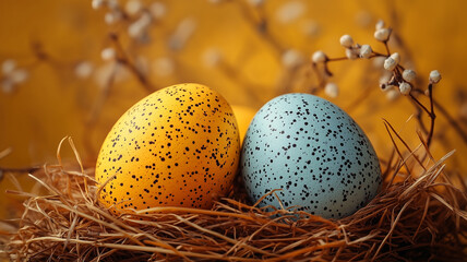 Happy Easter day bright orange postcard find a nest with blue yellow eggs. Generativ Ai.