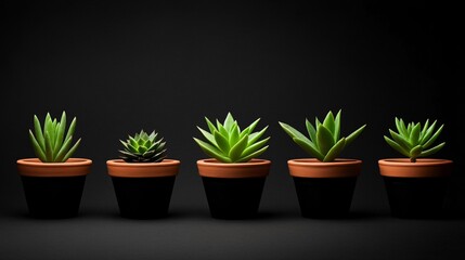 Fototapeta premium Five Succulents in Black Pots on Dark Background