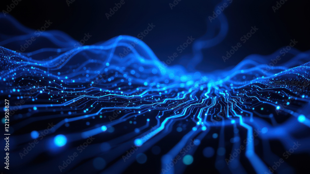 Poster advanced technology abstract with blue light effects representing ai neural network activity.