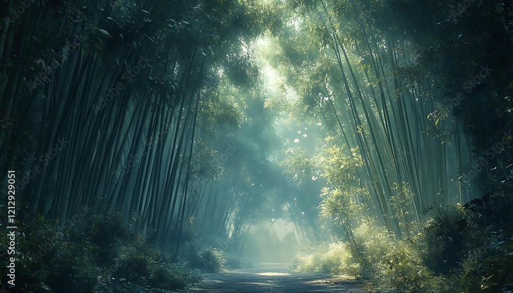 Poster mystical bamboo forest path with sunlight filtering through dense foliage, creating a magical atmosp