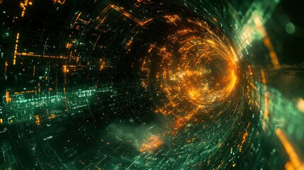 Digital tunnel with orange glow and data stream background for futuristic concepts.