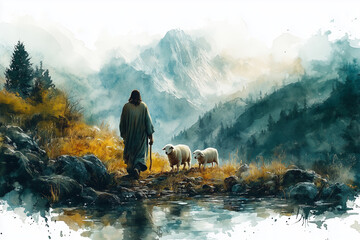 Happy Easter day drawing of Jesus Christ and the grazing sheep. Generativ Ai