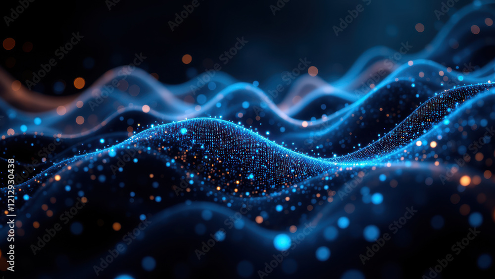 Poster stunning digital art featuring vibrant blue waves that resemble dna strands with particles of light 