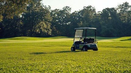 Fototapeta premium Panorama view of Golf Course where the turf is beautiful and green, Golf cart,Golf cart in fairway of golf course,Golf course with a rich green turf beautiful scenery,sport club,copy space.