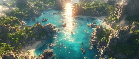 Fototapeta premium Aerial view of a serene tropical bay with ships sailing, surrounded by lush green cliffs and sunlight