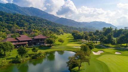 Obraz premium Panorama view of Golf Course where the turf is beautiful and green, Golf cart,Golf cart in fairway of golf course,Golf course with a rich green turf beautiful scenery,sport club,copy space.