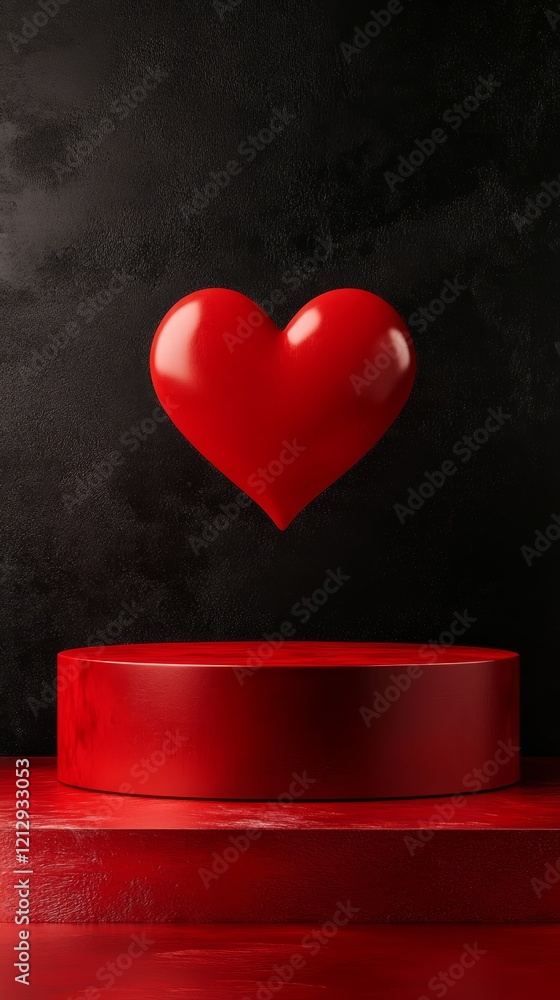 Poster isolated red heart floating above a simple podium on dark background