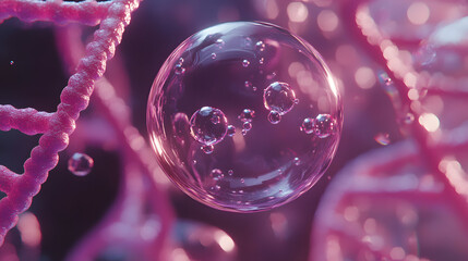 Cosmetic Essence, Liquid bubble, Molecule inside Liquid Bubble on DNA water splash background, 3d rendering