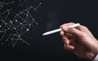 Creative hand illustrating digital connections studio graphic design dark background close-up innovation