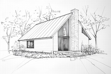 A sketch of a modern Saltbox style house with a sloped roof, large windows, and a stone chimney, surrounded by trees and landscaping.