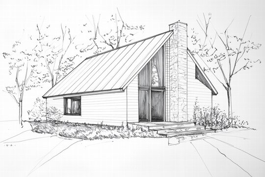 A sketch of a modern Saltbox style house with a sloped roof, large windows, and a stone chimney, surrounded by trees and landscaping.