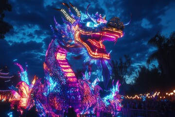 Fototapeta premium Illuminated dragon sculpture at night festival, surrounded by spectators and glowing lanterns