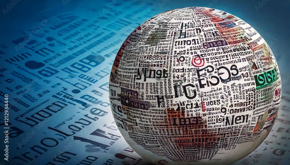 Poster intriguing sphere crafted from newspaper print, resting on a blurred backdrop of similar text. ideal