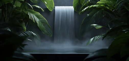Serene waterfall cascading through lush greenery jungle oasis nature photography tranquil environment close-up view
