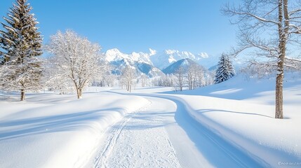 Obraz premium Snowy path winding through winter landscape, majestic mountains backdrop; winter wonderland postcard