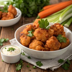 Delicious Crispy Cauliflower Bites with Dipping Sauce and Fresh Vegetables
