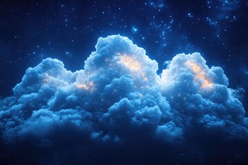 Naklejka premium Celestial Cloudscapes: Night Sky Wonders, Illuminated Clouds, Glowing Nebulae, Starry Night, Cosmic Dreamscapes, Mystical Atmosphere, Dreamlike