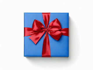 top view of a blue gift box with red ribbon