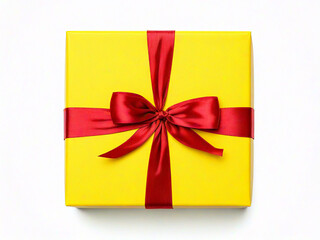 top view of a yellow gift box with red ribbon
