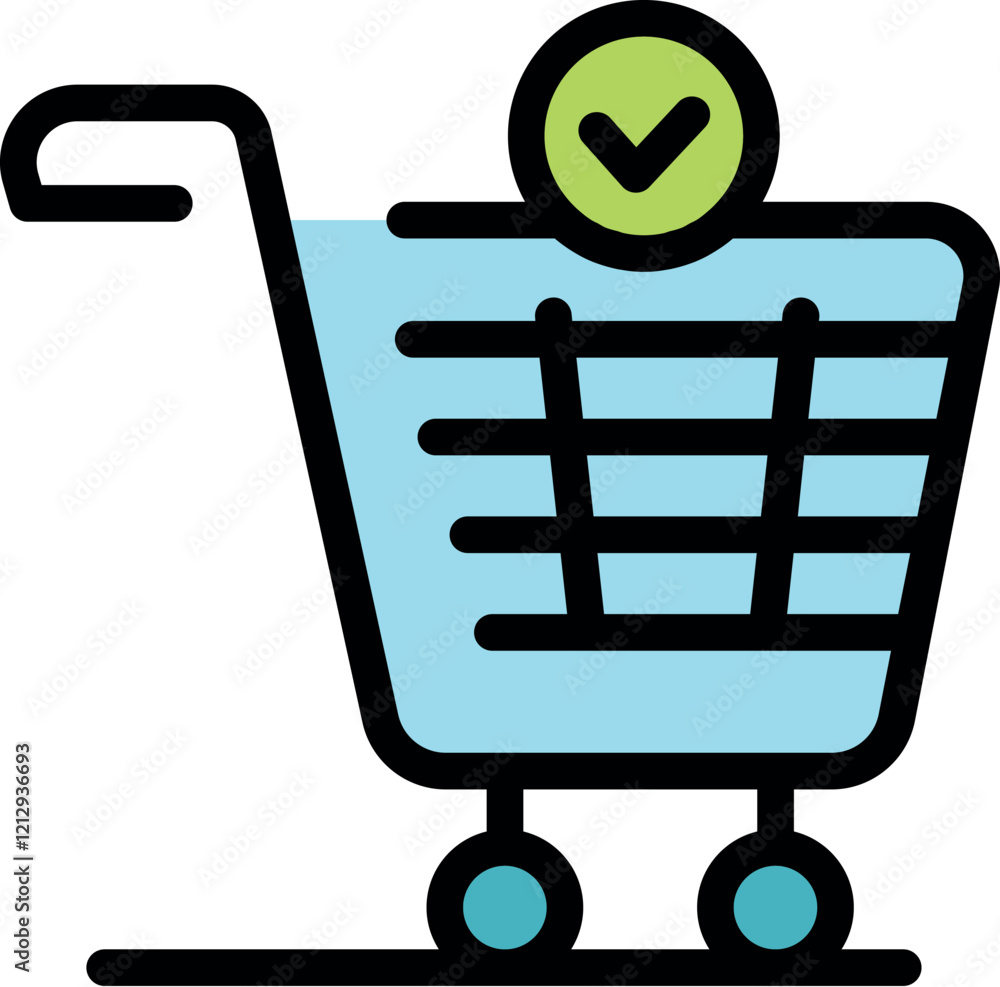 Poster empty shopping cart with check mark indicating completed online order, symbolizing e commerce and su