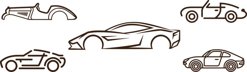 A collection of several car models Vector artwork of a dark outline.