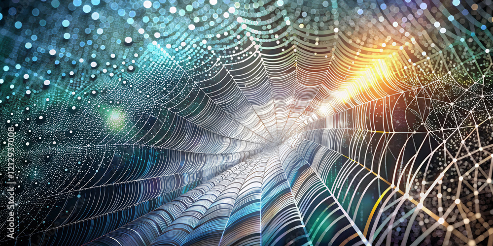 Wall mural it depicts a vivid and intricate spider web that captures the reflection of light in a range of colo