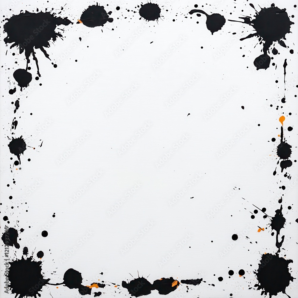 Poster abstract splatter art with contrasting black paint droplets creating a framed effect on a clean whit