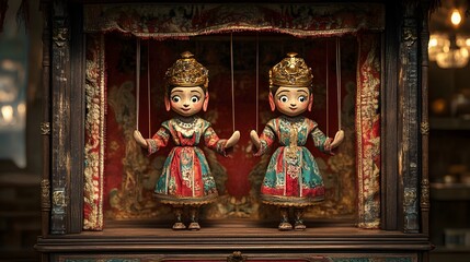 Fototapeta premium Traditional Twin Marionettes in Ornate Theater Setting