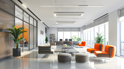 Modern office interior in a contemporary 3D rendering style. generative ai.