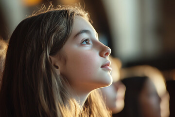 Naklejka premium Children Singing in Church Choir with Focused Expressions, Generative AI
