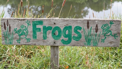 Obraz premium Whimsical Frogs sign with playful illustrations on wooden plank