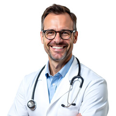 Fototapeta premium male Doctor Portrait with Medical Stethoscope and White Coat on Transparent Background