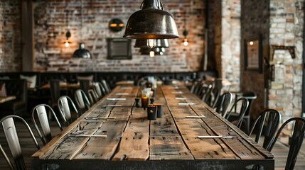 Fototapeta premium Rustic wooden table with modern black metal chairs, under hanging lamps with industrial finishes