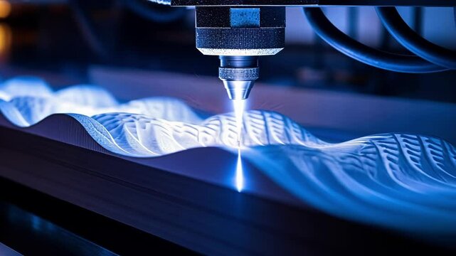 Laser sintering machine processing powder material to create wavy surface, illuminated by blue light, showcasing advanced manufacturing technology in a dark setting