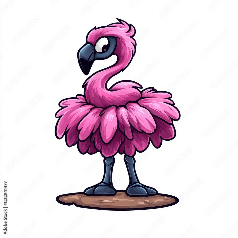 Poster a whimsical pink flamingo character with exaggerated features and a fluffy appearance, adding charm 