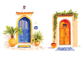Watercolor wooden door entwined with flowers. Cute image suitable for cards, invitations, weddings, fabric making cozy door with flowers on white background