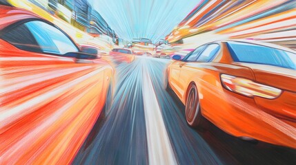 Obraz premium An electrifying painting of two vibrant cars racing through a bustling cityscape at night. 