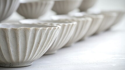 Fluted ceramic bowls on table, studio light, blurred background, kitchen use.