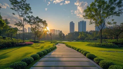 Fototapeta premium Urban Park Redevelopment project featuring a serene ground-level perspective with grass pavement under afternoon light for a recreational atmosphere.