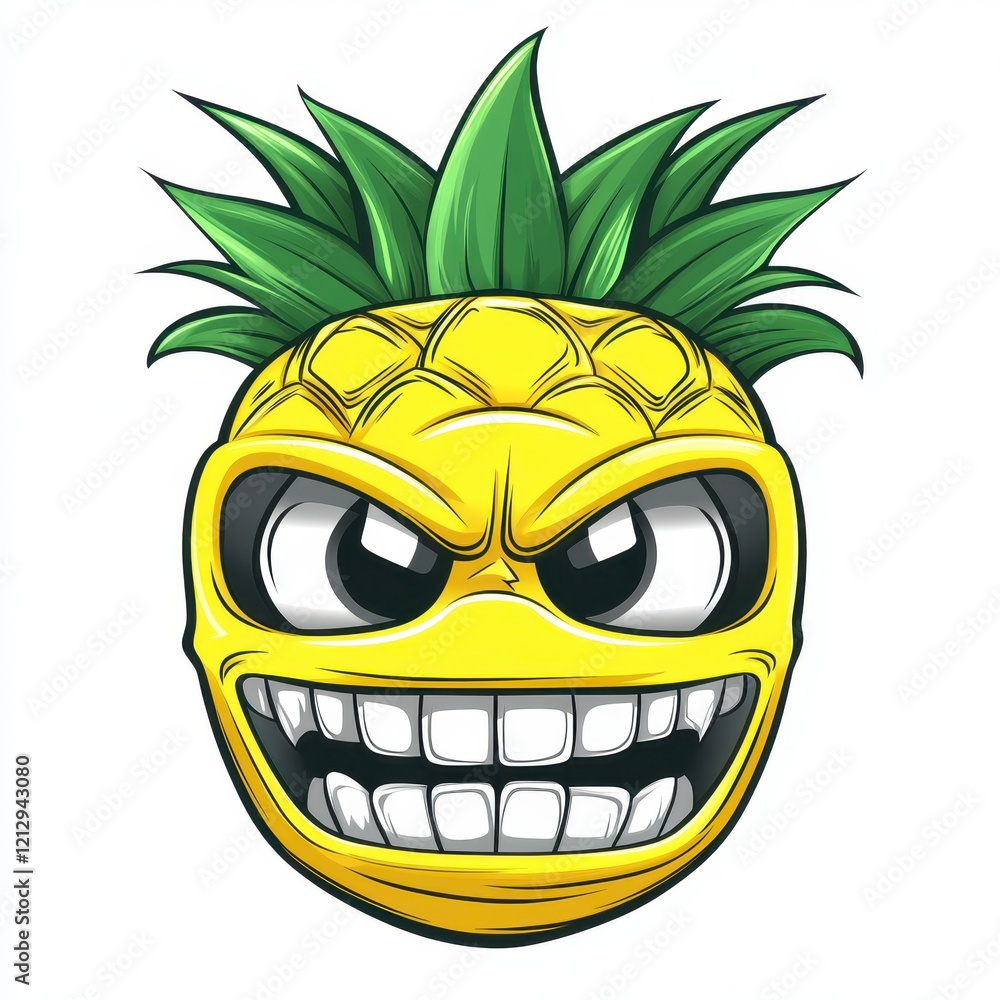 Poster a cartoon pineapple character with an exaggerated angry expression and sharp teeth, set against a pl
