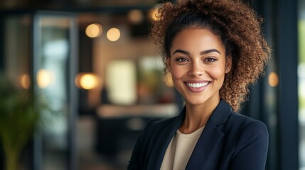 Obraz premium Confident Businesswoman Smiling in Modern Office Setting