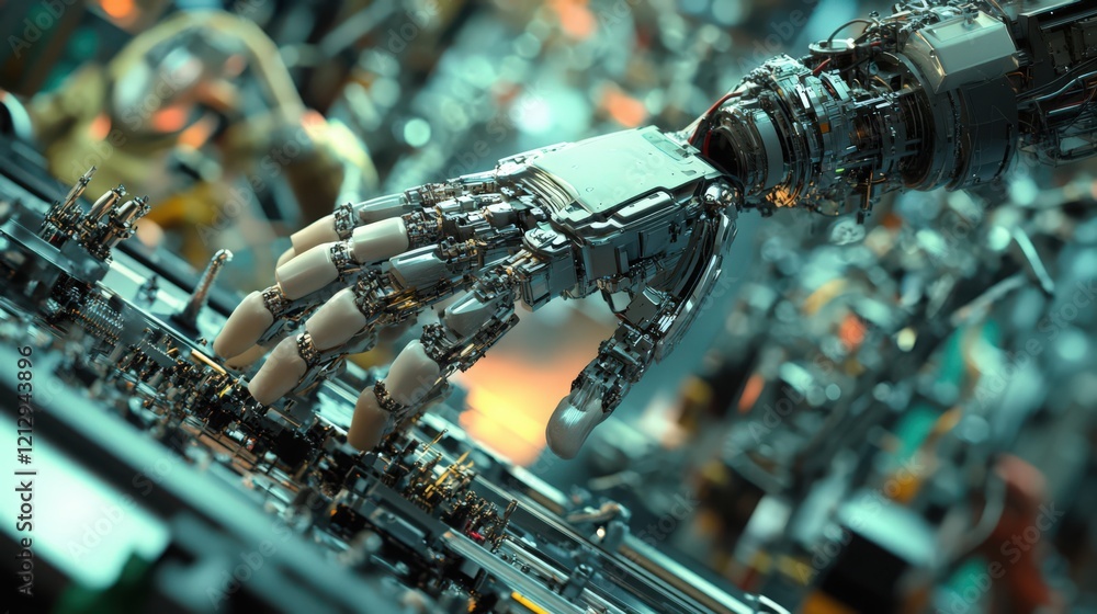 Poster close-up view of robotic arm with intricate metallic components and exposed circuits