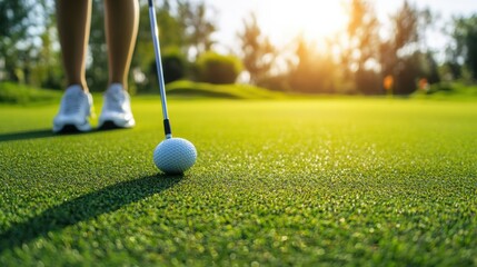 young attractive girl in sports uniform plays golf on field with lawn, woman with golf club plays sports outdoors in nature