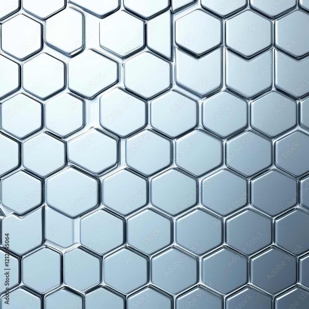 Poster reflective hexagonal metal surface with a modern, shiny pattern ideal for backgrounds and textures