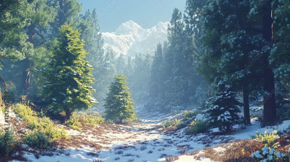 Poster a pristine alpine forest with a carpet of pine needles and snow-dusted trees