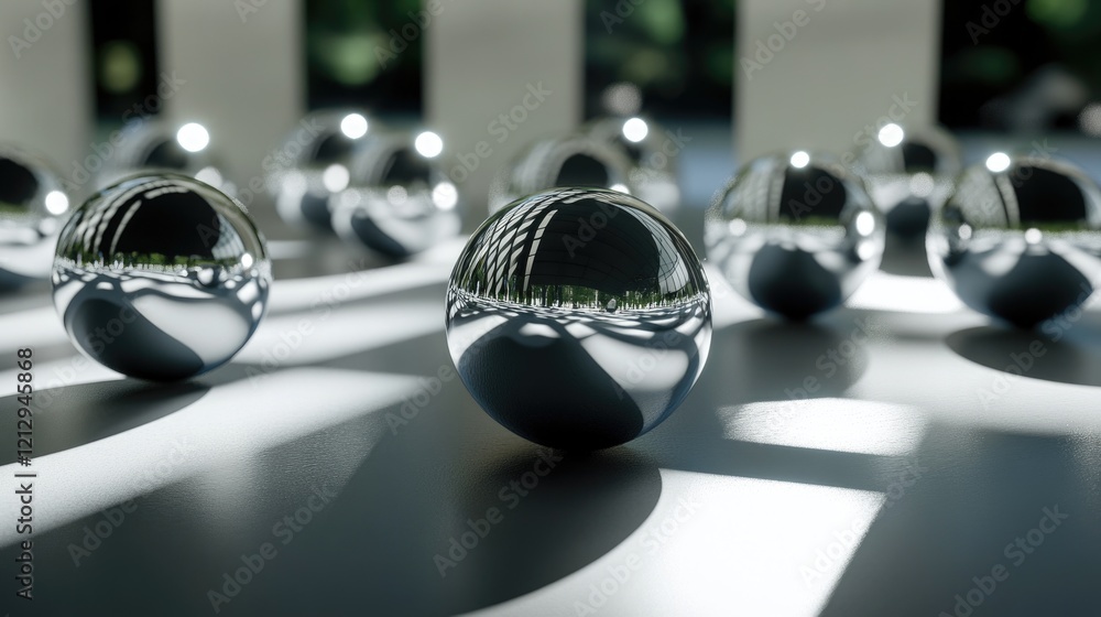 Poster reflective spheres on surface with light and shadow play creating abstract scene
