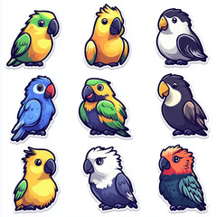 Fototapeta premium Nine Different Species of Cheerful Parrots with Chibi Style Design Against White Background