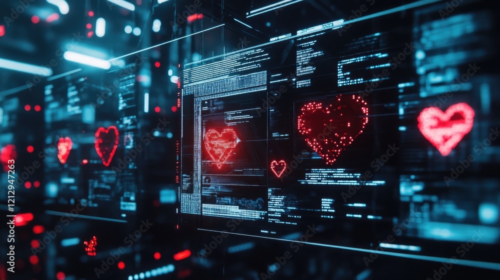 Aufkleber digital hearts on screen: abstract representation of love in technology and data visualization