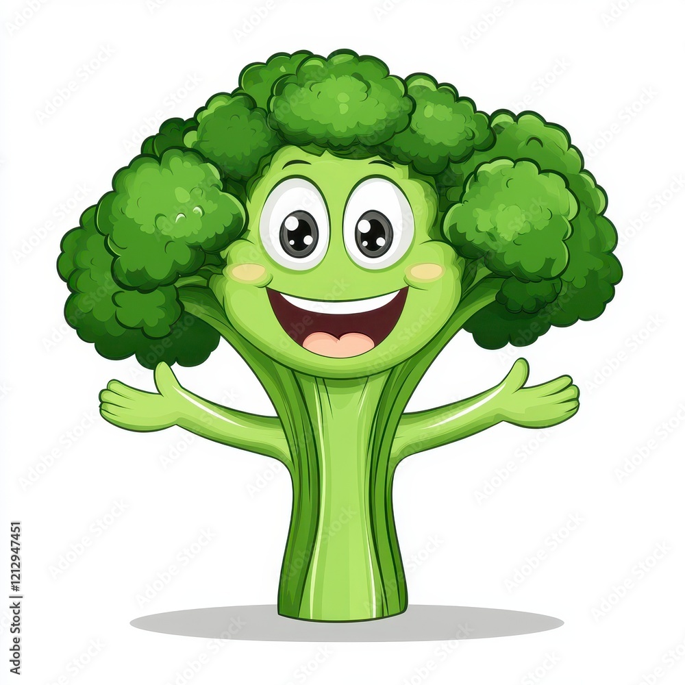 Poster cheerful cartoon broccoli character smiling with open arms, showcasing a friendly and inviting perso